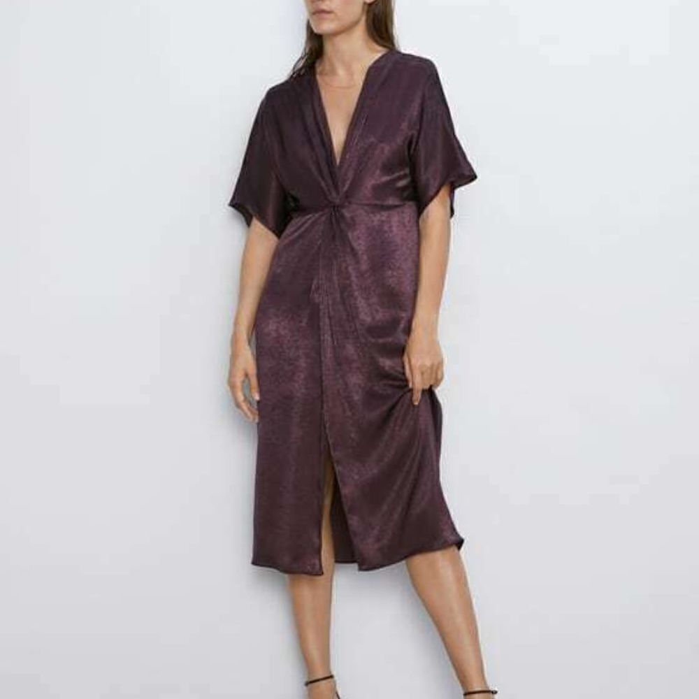 Zara Womens Satin Effect Dress XS Purple Midi